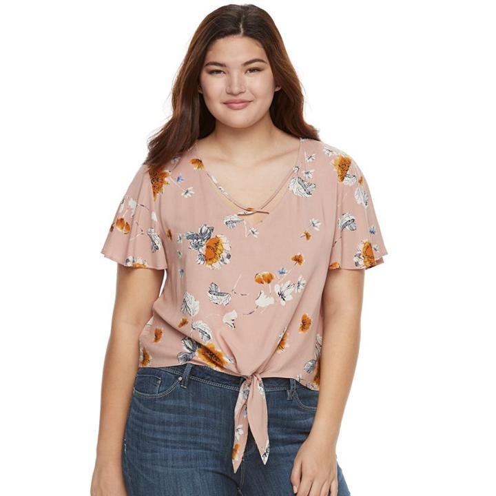 Juniors' Plus Size Mudd&reg; Print Tie-front Top, Girl's, Size: 2xl, Brt Pink
