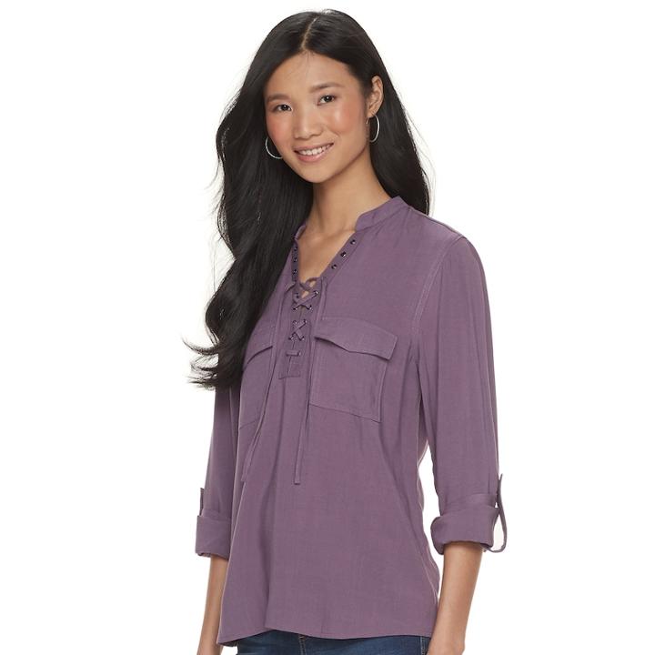 Women's Rock & Republic&reg; Roll-tab Twill Shirt, Size: Xs, Med Purple