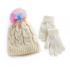 Girls 4-16 So&reg; Metallic Cable Knit Hat With Rainbow Faux-fur Pom-pom Top & Gloves Set, Size: Medium, White Oth