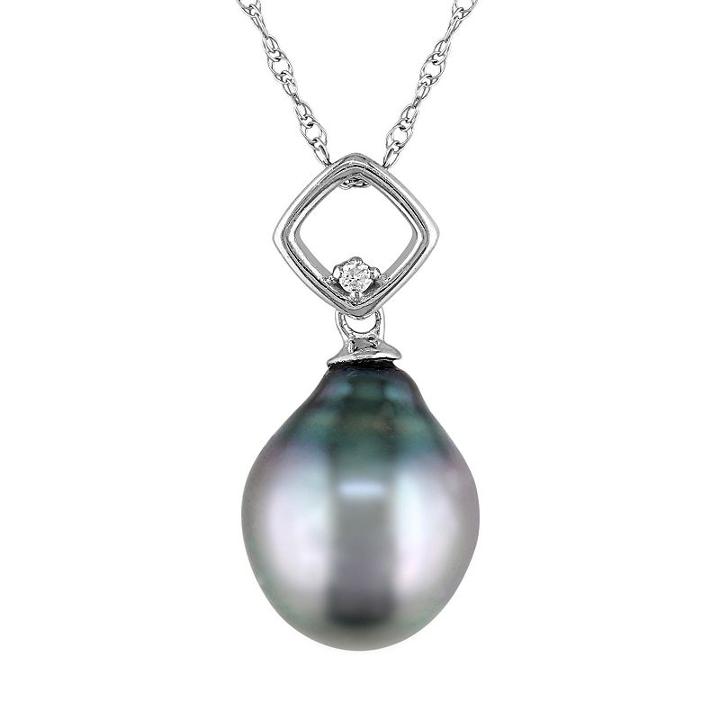 Tahitian Cultured Pearl And Diamond Accent 10k White Gold Pendant Necklace, Women's, Size: 17, Black
