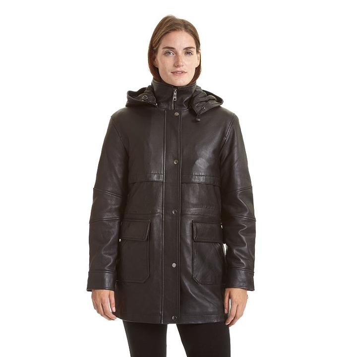Women's Excelled Hooded Leather Parka, Size: Medium, Black