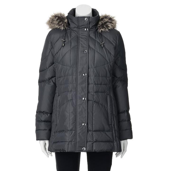 Women's Towne By London Fog Down Hooded Quilted Puffer Jacket, Size: Xs, Dark Grey