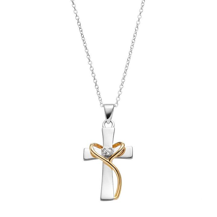 Primrose Two Tone Sterling Silver Cubic Zirconia Cross Pendant, Women's, Grey