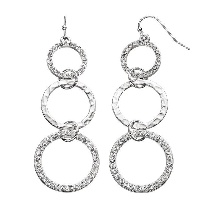 Hammered Triple Circle Link Nickel Free Drop Earrings, Women's, Silver