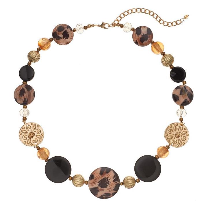 Brown Animal Print Disc Beaded Necklace, Women's