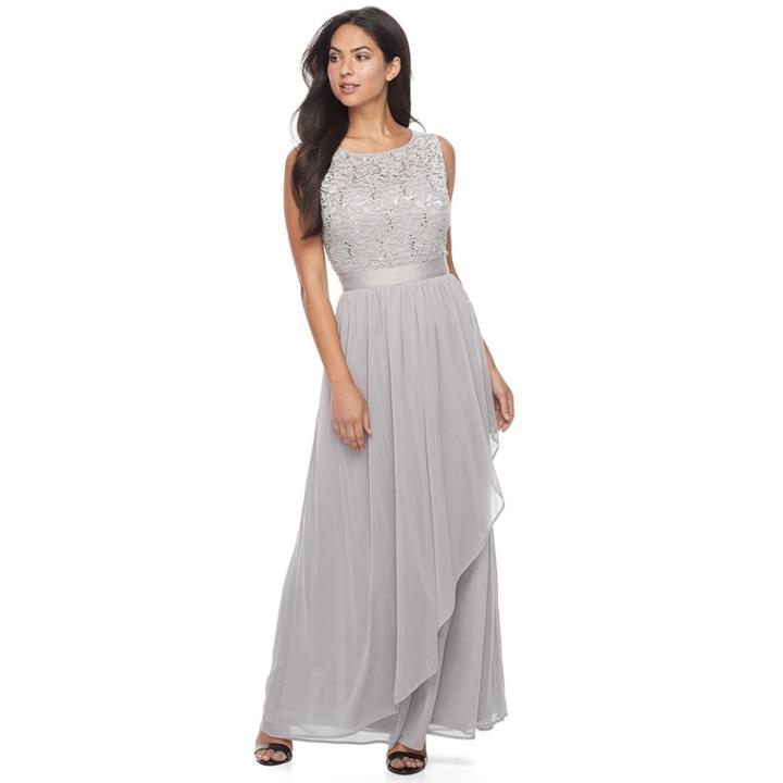Women's Onyx Nite Embellished Lace Ruffle Evening Gown, Size: 8 - Regular, Silver