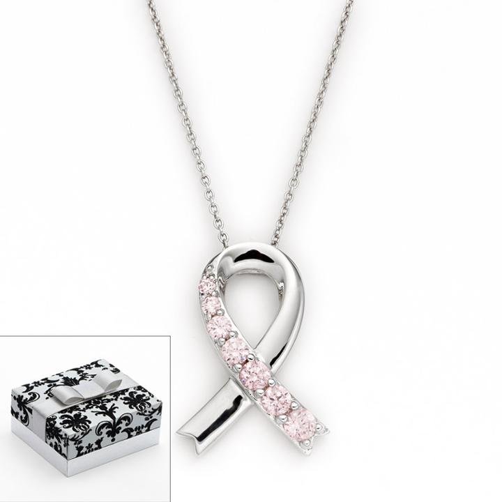Diamonluxe Sterling Silver Pink Simulated Diamond Breast Cancer Awareness Ribbon Pendant, Women's, White