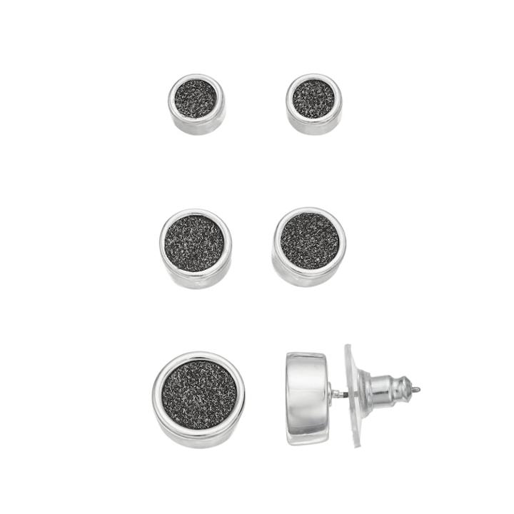 Gray Glittery Nickel Free Round Stud Earring Set, Women's, Silver