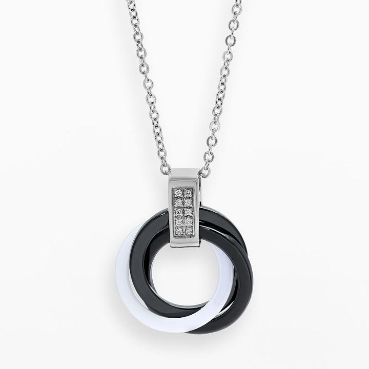 Stainless Steel And Black And White Ceramic Cubic Zirconia Interlocking Circle Pendant, Women's, Size: 18