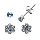 Charming Girl Sterling Silver Blue Cubic Zirconia And Crystal Flower Stud Earring Set - Made With Swarovski Crystals - Kids