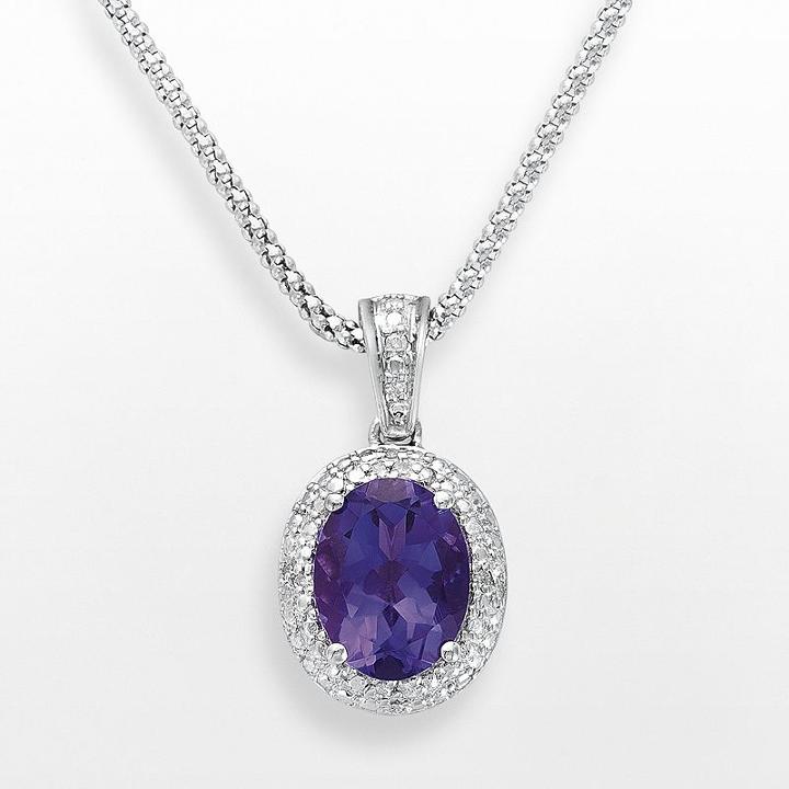 Sterling Silver Amethyst And Diamond Accent Oval Frame Pendant, Women's, Size: 18, Purple