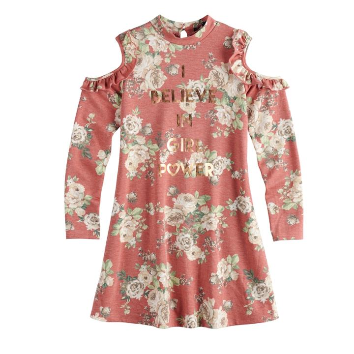 Girls 7-16 Three Pink Hearts I Believe In Girl Power Ruffled Cold Shoulder Dress, Size: 14, Med Red