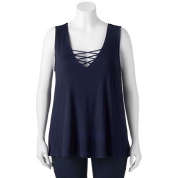 Juniors' Plus Size Living Doll Knit Cross Front Tank, Girl's, Size: 0x, Blue (navy)