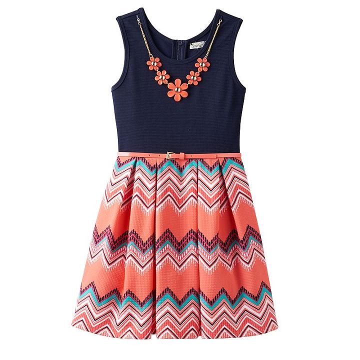 Girls 7-16 Knitworks Chevron Printed Skirt Skater Dress With Necklace, Girl's, Size: 12, Lt Orange