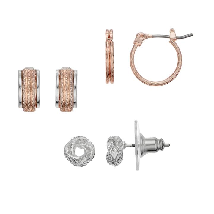 Napier Two Tone Textured Hoop & Knot Stud Earring Set, Women's, Multicolor