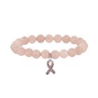 Sterling Silver Rose Quartz Bead And Pink Sapphire Breast Cancer Awareness Ribbon Charm Stretch Bracelet, Women's