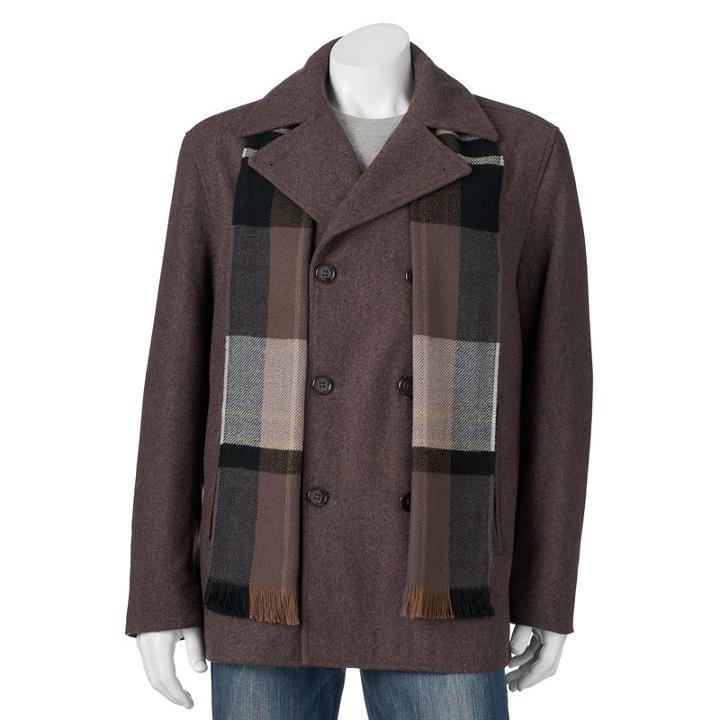 Big & Tall Towne Wool-blend Double-breasted Peacoat With Plaid Scarf, Men's, Size: Xl Tall, Med Brown