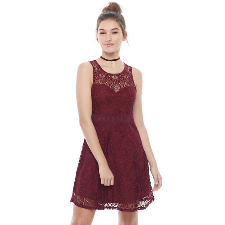 Juniors' Liberty Love Illusion Lace Skater Dress, Teens, Size: Small, Red Overfl