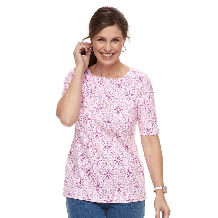 Women's Croft & Barrow&reg; Print Button-hem Squareneck Top, Size: Large, Light Pink