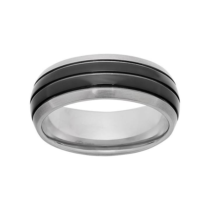Titanium And Black Ion-plated Titanium Striped Wedding Band - Men, Size: 11, White