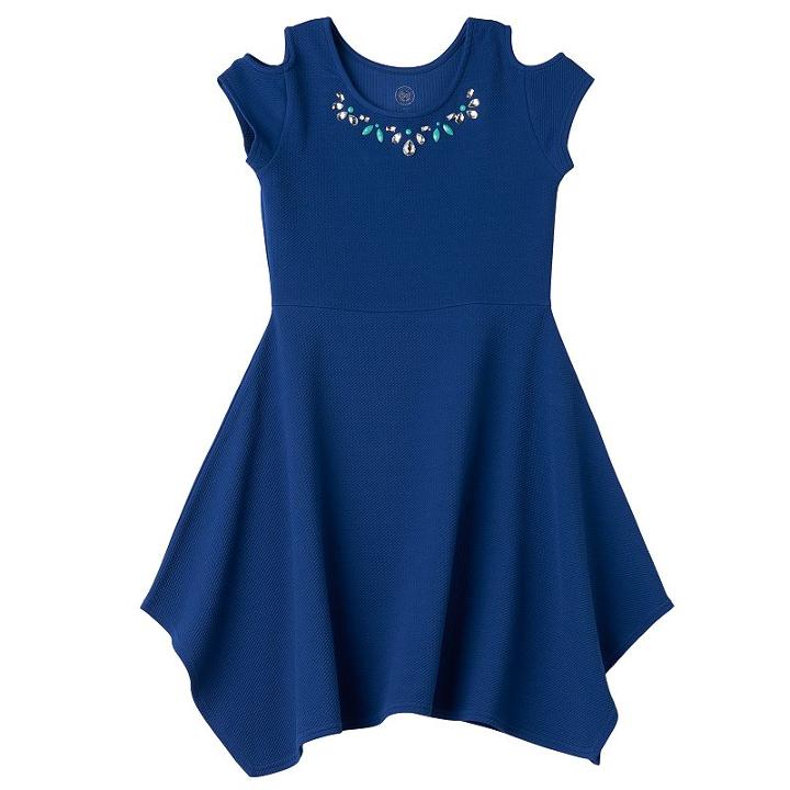 So, Girls Plus Size &reg; Cold Shoulder Embellished Textured Handkerchief Hem Dress, Girl's, Size: 20 1/2, Dark Blue