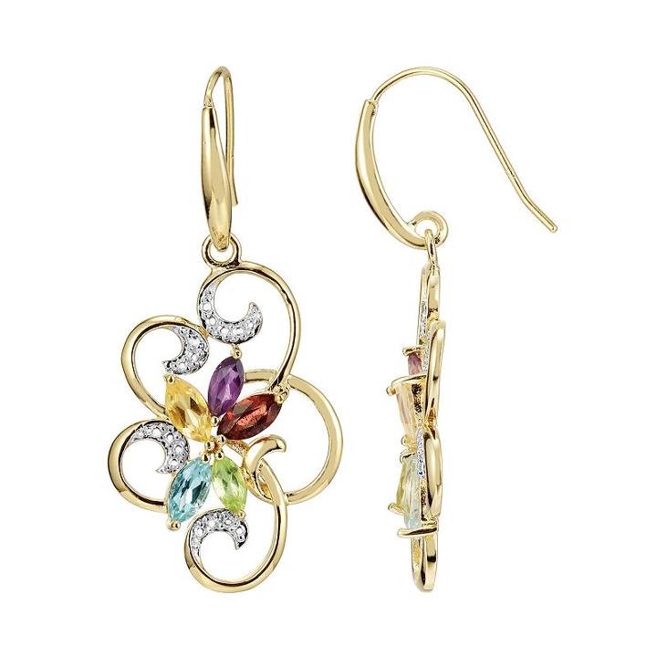 18k Gold Over Silver Gemstone And Diamond Accent Scrollwork Drop Earrings, Women's, Multicolor