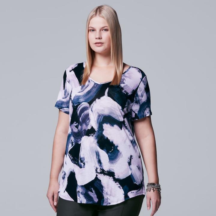 Plus Size Simply Vera Vera Wang Printed V-neck Tee, Women's, Size: 3xl, Purple
