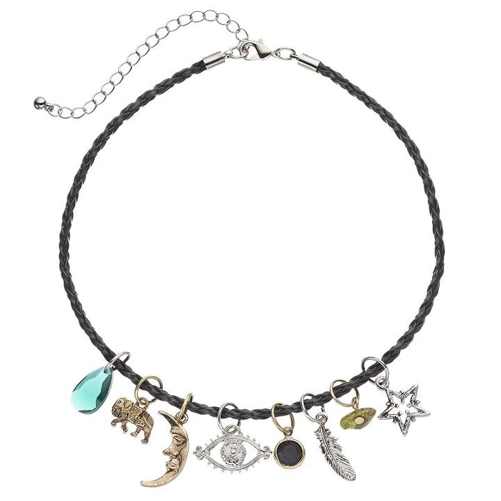 Mudd&reg; Elephant, Star, Moon, Leaf & Evil Eye Charm Choker Necklace Set, Girl's, Black