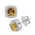 Citrine And Cubic Zirconia Platinum Over Silver Tiered Square Halo Stud Earrings, Women's, Yellow