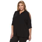 Plus Size Design 365 High-low Cold-shoulder Button-down Top, Women's, Size: 3xl, Black