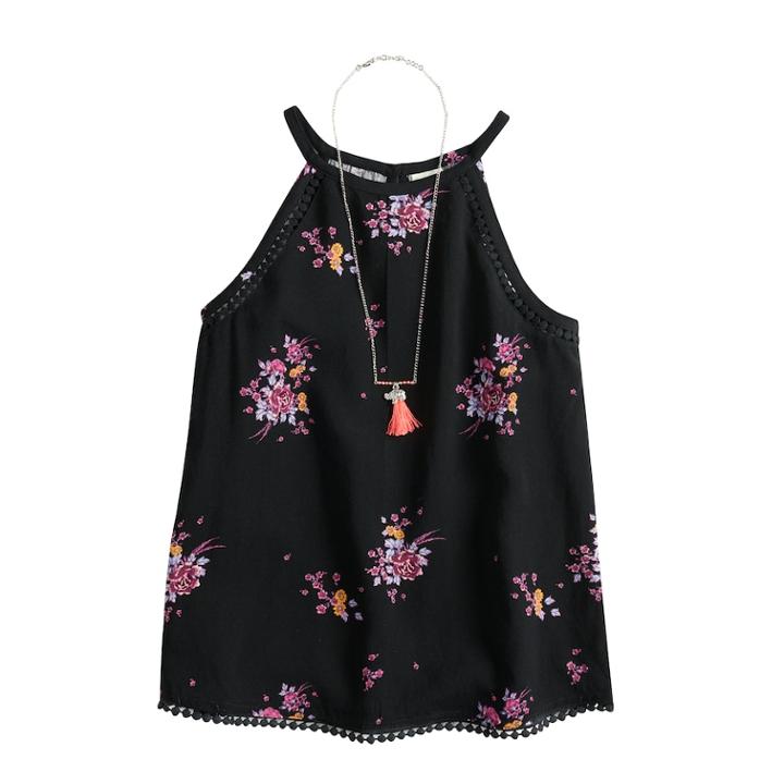 Girls 7-16 & Plus Size Mudd&reg; Crochet Trim Tank Top With Necklace, Size: 18 1/2, Black