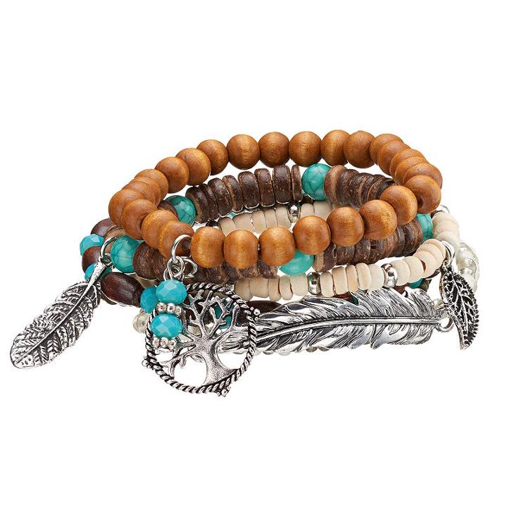 Mudd&reg; Tree Of Life, Leaf & Feather Charm Beaded Stretch Bracelet Set, Women's, Multicolor
