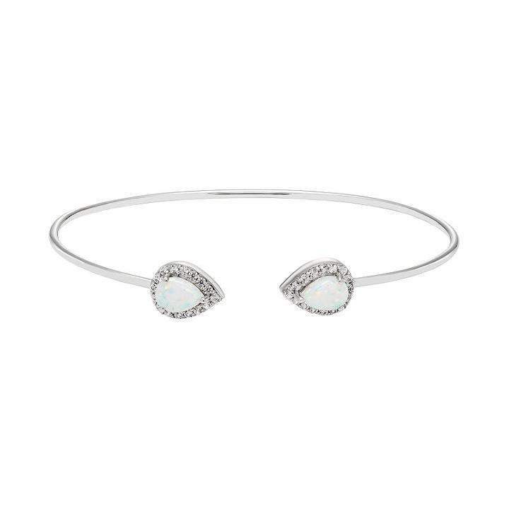 Sterling Silver Lab-created White Opal & White Sapphire Teardrop Halo Cuff Bracelet, Women's