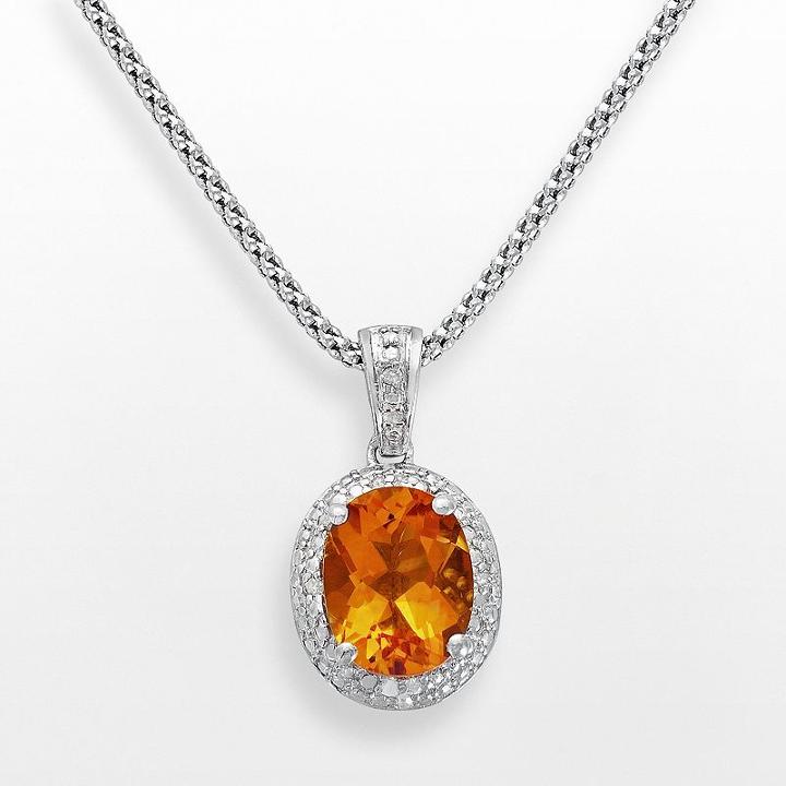 Sterling Silver Citrine And Diamond Accent Oval Frame Pendant, Women's, Size: 18, Orange