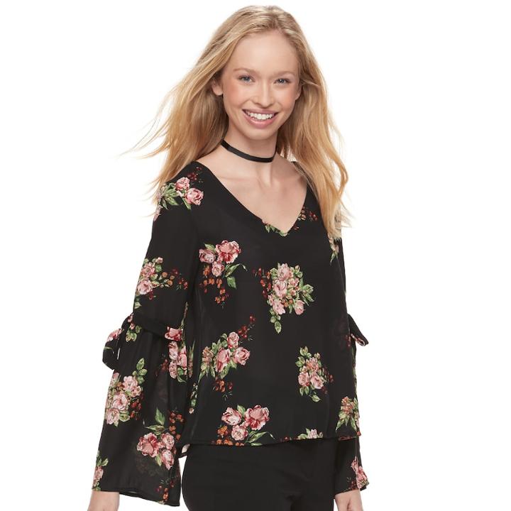 Juniors' Lily Rose Tie Sleeve V-neck Top, Teens, Size: Large, Black Floral