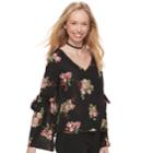 Juniors' Lily Rose Tie Sleeve V-neck Top, Teens, Size: Large, Black Floral