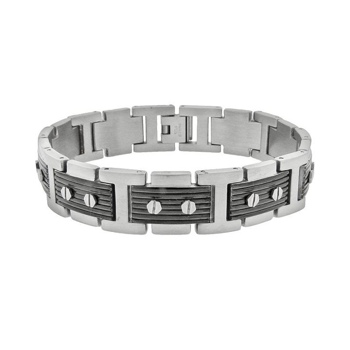 Stainless Steel Black Ion Ribbed Bracelet - Men, Size: 9, Grey