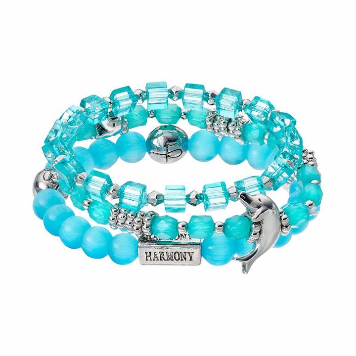 Harmony Dolphin Charm Beaded Stretch Bracelet Set, Women's, Turq/aqua