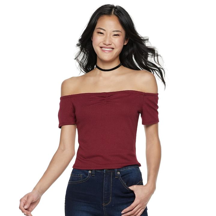 Juniors' Love, Fire Ribbed Off-the-shoulder Top, Teens, Size: Large, Dark Red