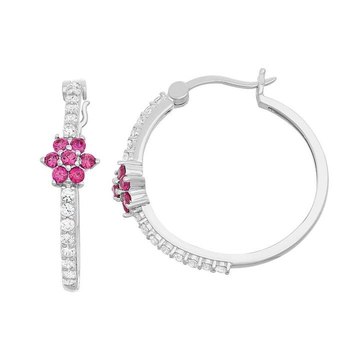Lab-created White Sapphire & Lab-created Ruby Sterling Silver Flower Hoop Earrings, Women's, Red