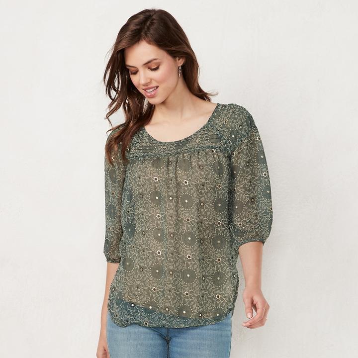Women's Lc Lauren Conrad Printed Chiffon Peasant Top, Size: Xl, Grey