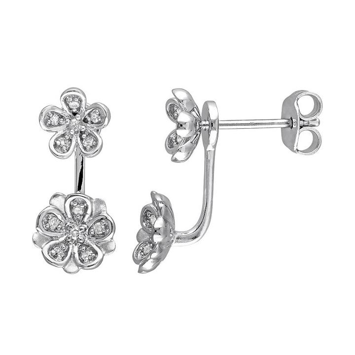 Laura Ashley Sterling Silver 1/8 Carat T.w. Diamond Flower Jacket Earrings, Women's, White