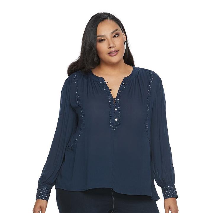 Plus Size Jennifer Lopez Embellished Crepe Henley, Women's, Size: 2xl, Black