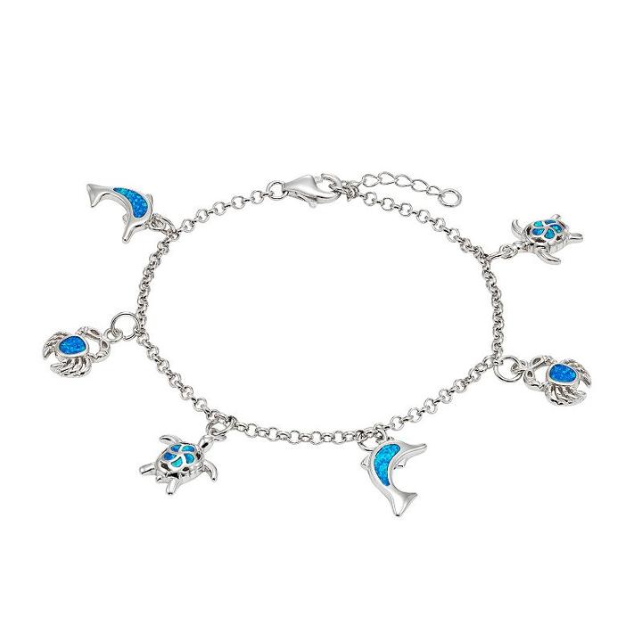 Lab-created Blue Opal Sterling Silver Turtle, Dolphin & Crab Charm Bracelet, Women's, Size: 7