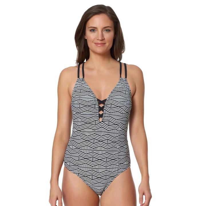 Women's Pink Envelope Zigzag Strappy One-piece Swimsuit, Size: Xl, Black