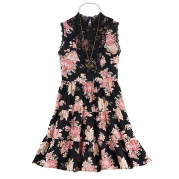 Girls 7-16 Knitworks Lace High Neck Tiered Floral Dress With Necklace, Size: 8, Black