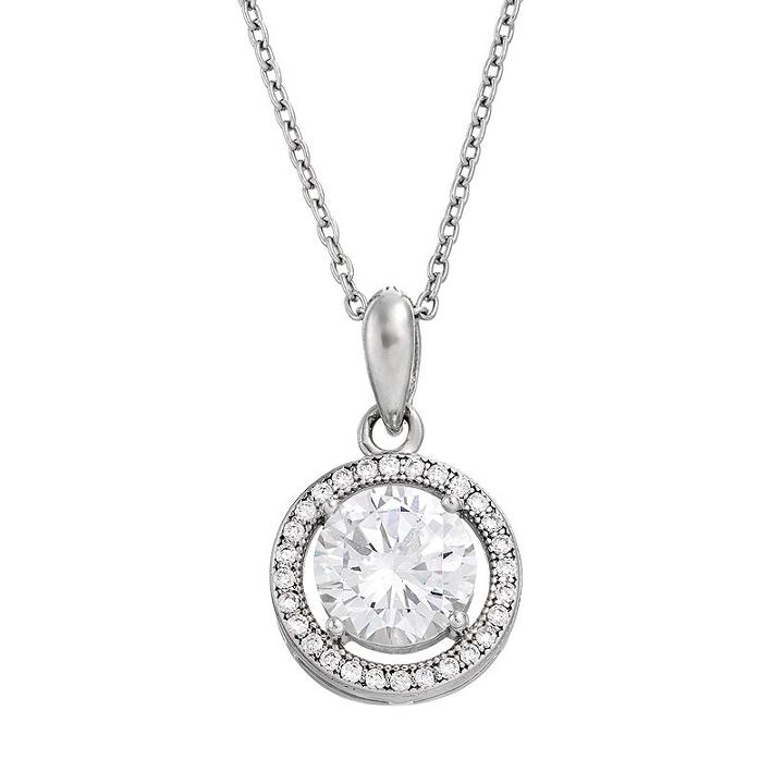 Cubic Zirconia Sterling Silver Halo Pendant Necklace, Women's, White
