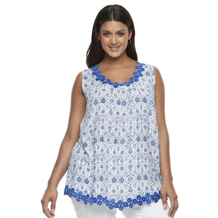 Plus Size Design 365 Printed Lace-trim Tank, Women's, Size: 3xl, Brt Blue
