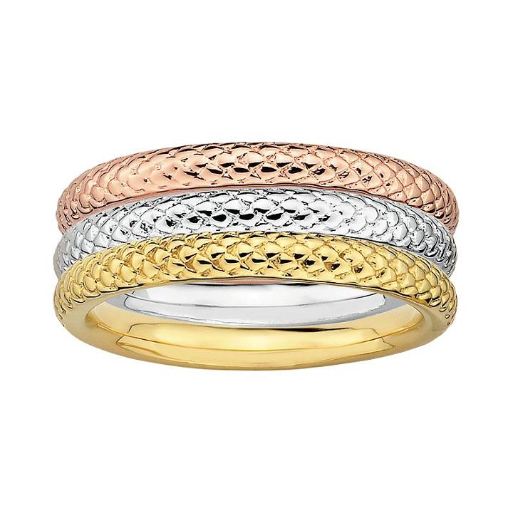 Stacks And Stones 18k Gold Over Silver And Sterling Silver Tri-tone Textured Stack Ring Set, Women's, Size: 9, Pink