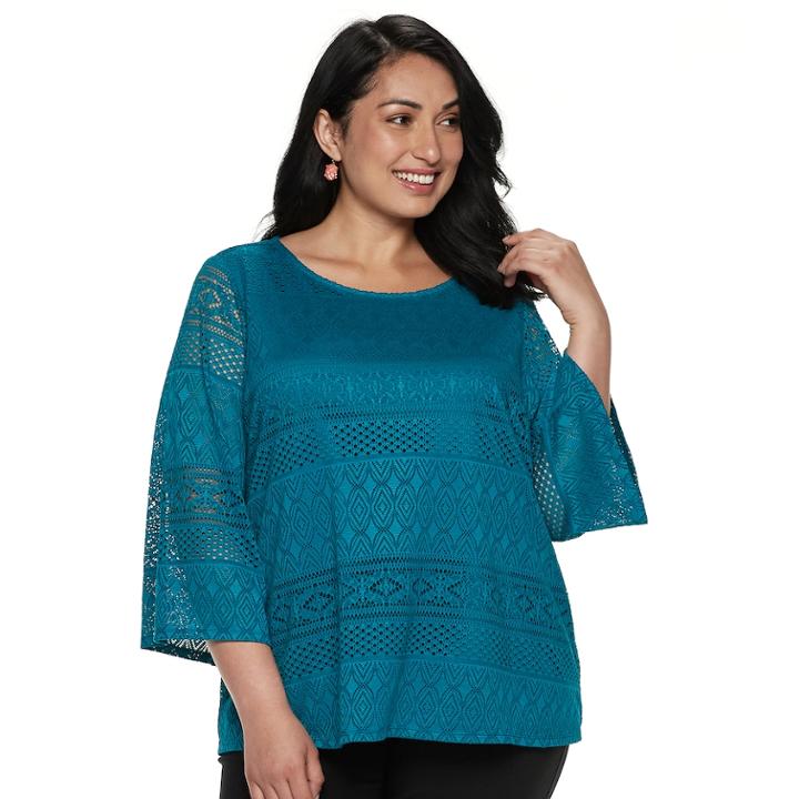 Plus Size Dana Buchman Lace Bell-sleeve Top, Women's, Size: 1xl, Dark Blue